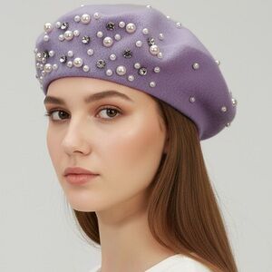 Elegant Lavender Pearl-Embellished Beret